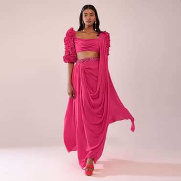 Rani Pink Drape Saree With Fancy Blouse In Crepe