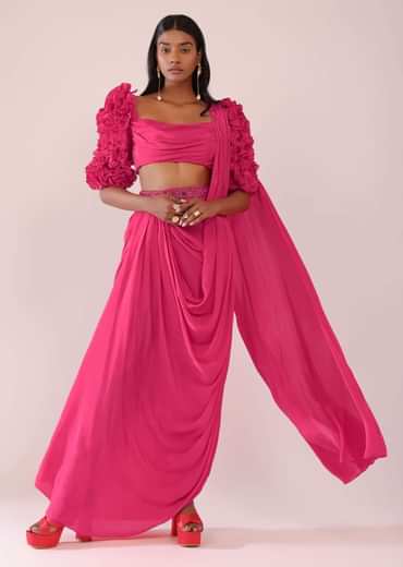 Rani Pink Drape Saree With Fancy Blouse In Crepe