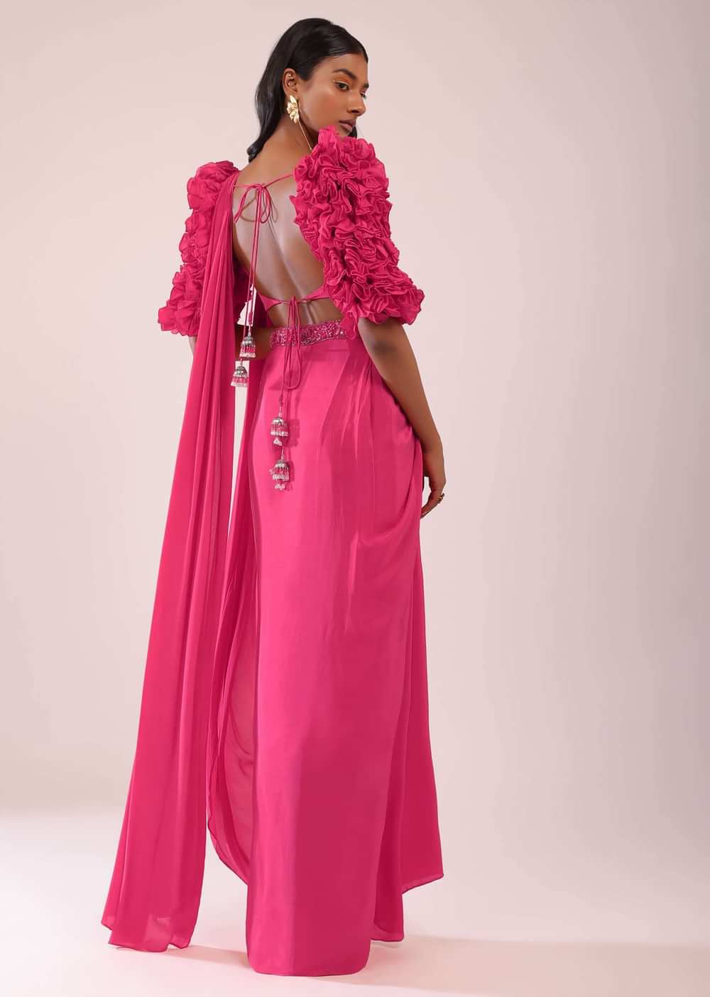 Rani Pink Drape Saree With Fancy Blouse In Crepe
