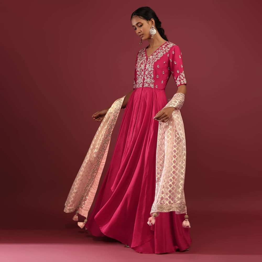 Rani Pink High Low Anarkali Suit With A Front Slit, Zardosi Embroidered Flowers And Baby Pink Lurex Dupatta