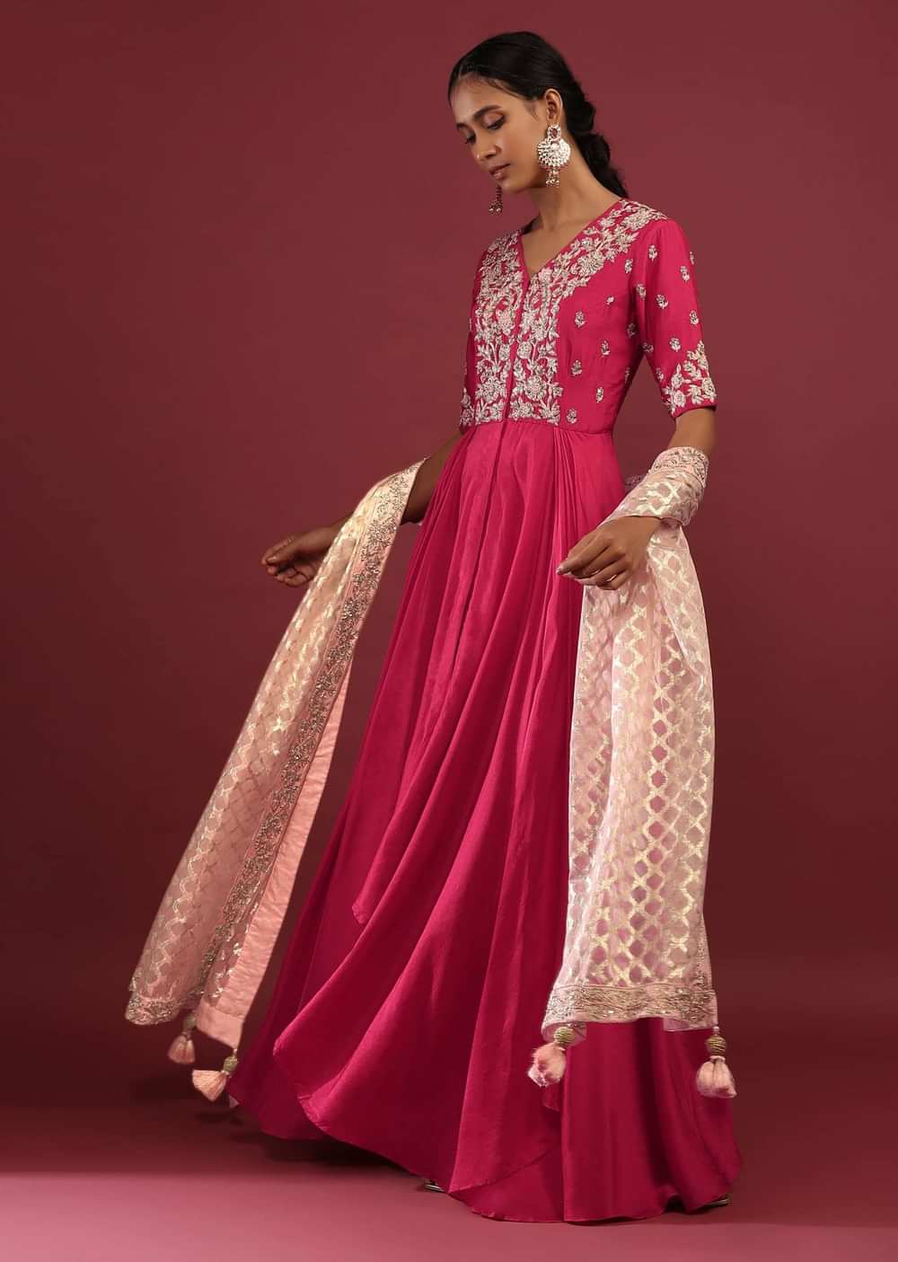 Rani Pink High Low Anarkali Suit With A Front Slit, Zardosi Embroidered Flowers And Baby Pink Lurex Dupatta