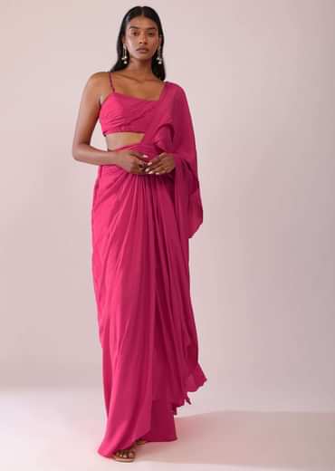 Rani Pink Crepe Drape Saree And Blouse With Crystal Detailing On the Strap