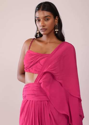 Rani Pink Crepe Drape Saree And Blouse With Crystal Detailing On the Strap