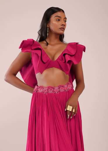 Rani Pink Hand Worked Lehenga And Blouse In Crepe With Embroidered Belt