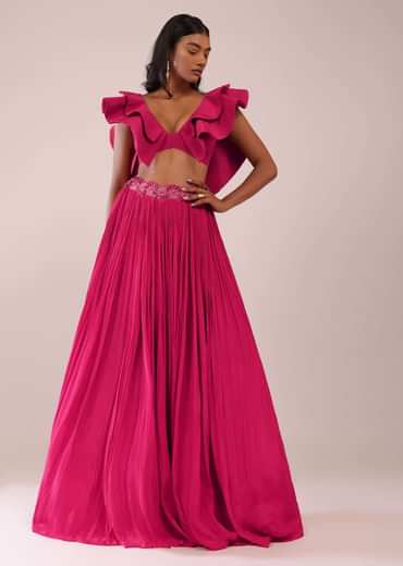 Rani Pink Hand Worked Lehenga And Blouse In Crepe With Embroidered Belt