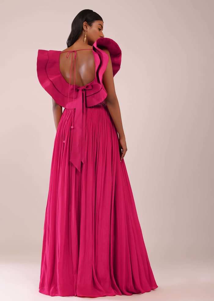 Rani Pink Hand Worked Lehenga And Blouse In Crepe With Embroidered Belt