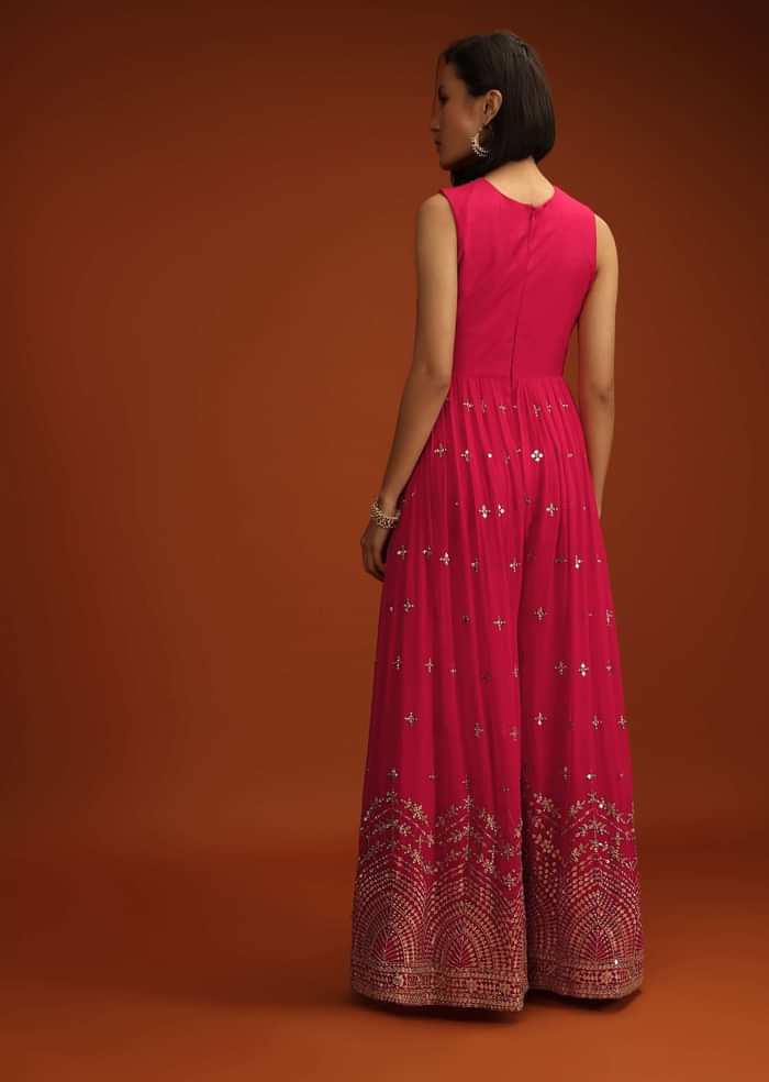Rani Pink Jumpsuit In Georgette With Zari And Sequins Embroidered Buttis And Mughal Motifs