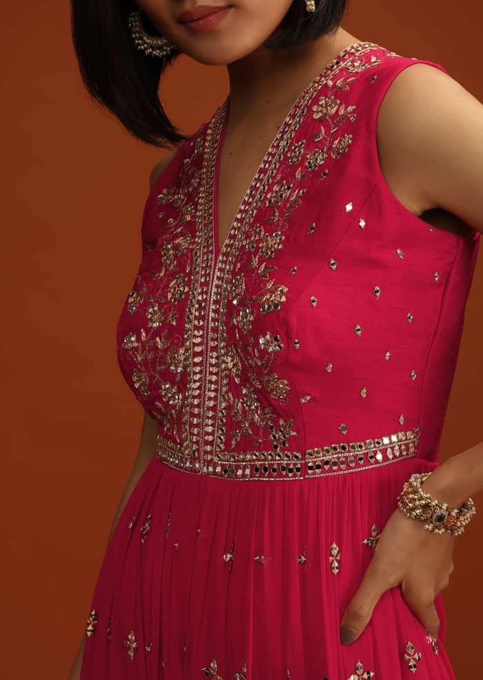 Rani Pink Jumpsuit In Georgette With Zari And Sequins Embroidered Buttis And Mughal Motifs