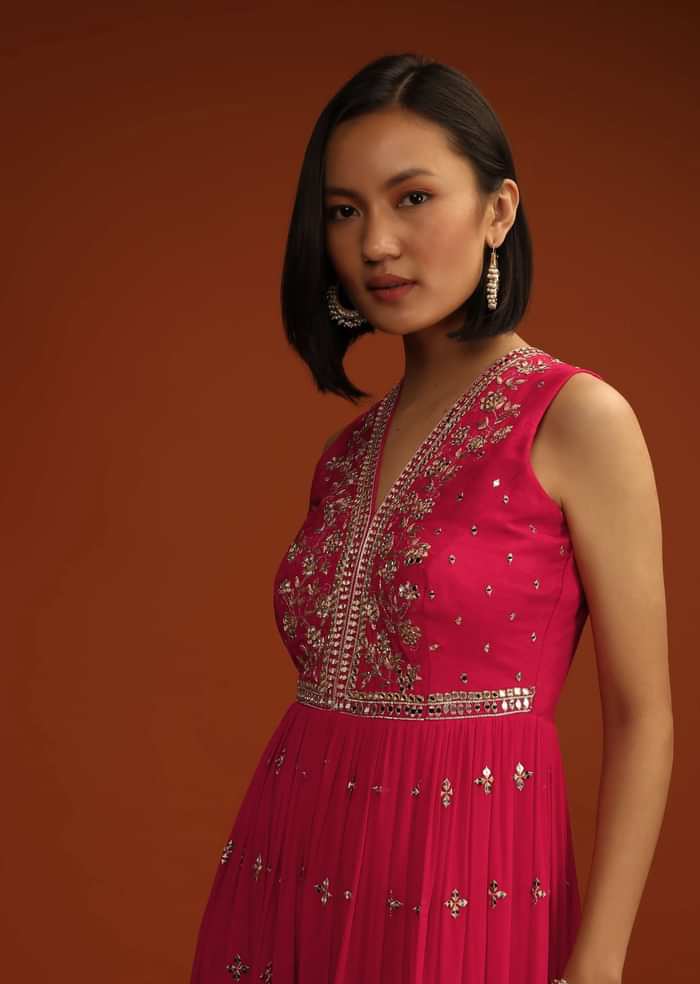 Rani Pink Jumpsuit In Georgette With Zari And Sequins Embroidered Buttis And Mughal Motifs