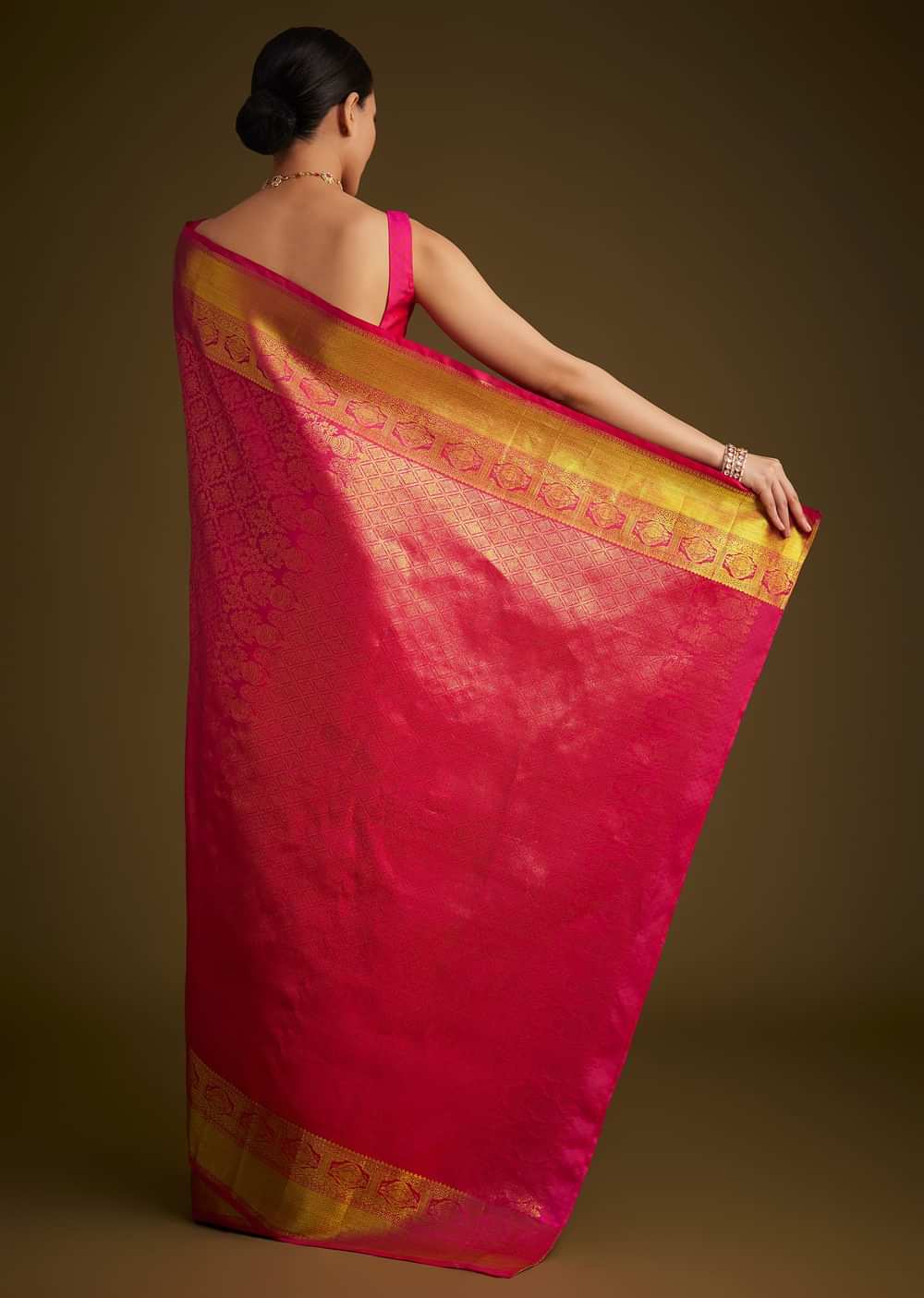 Rani Pink Kanjivaram Silk Saree With Golden Zari Border