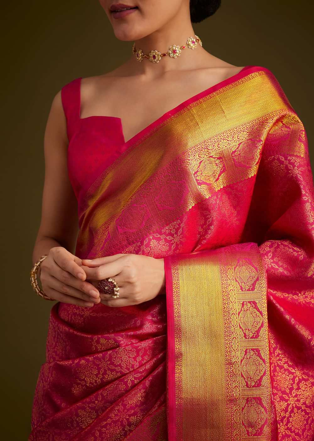 Rani Pink Kanjivaram Silk Saree With Golden Zari Border