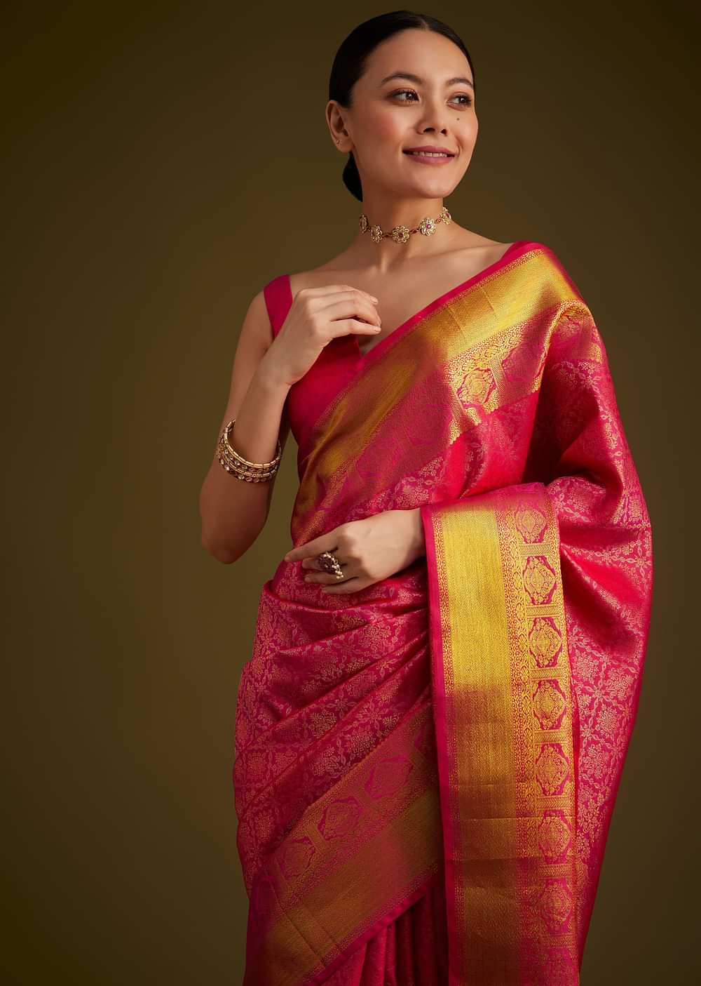 Rani Pink Kanjivaram Silk Saree With Golden Zari Border