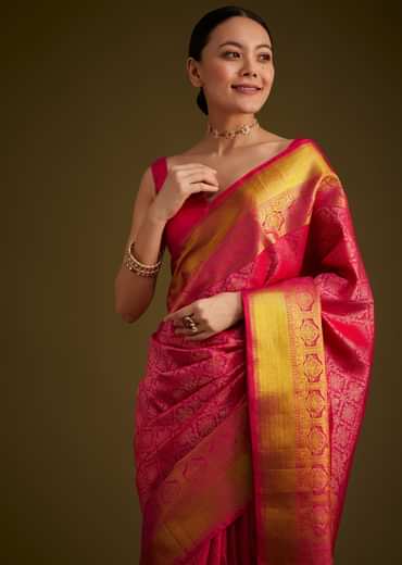 Rani Pink Kanjivaram Silk Saree With Golden Zari Border