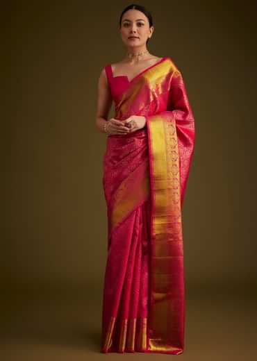 Rani Pink Kanjivaram Silk Saree With Golden Zari Border