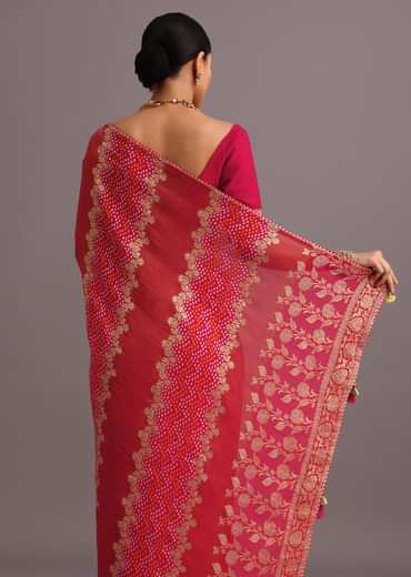 Rani Pink Khaddi Georgette Woven Saree With Gotta Patti Border