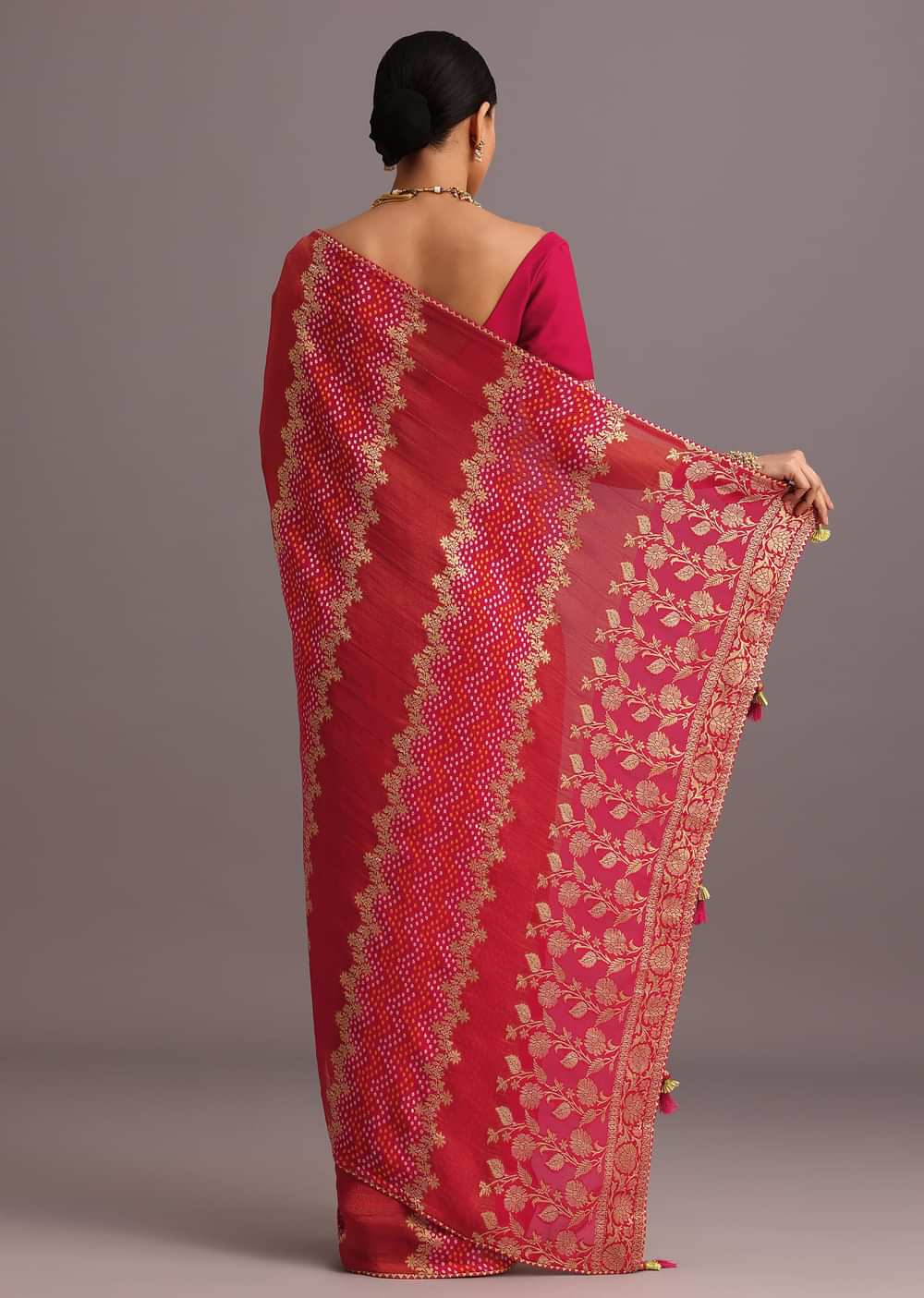 Rani Pink Khaddi Georgette Woven Saree With Gotta Patti Border