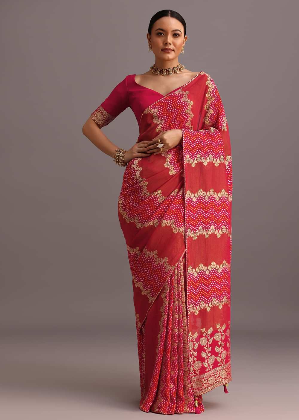Rani Pink Khaddi Georgette Woven Saree With Gotta Patti Border