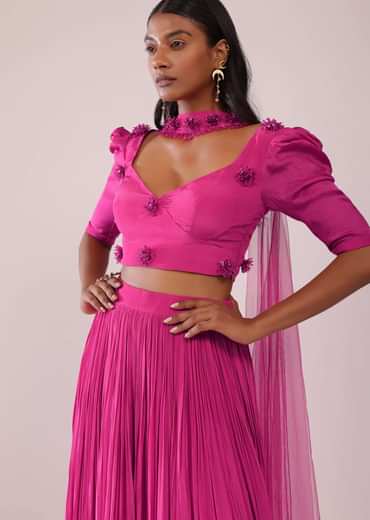 Rani Pink Lehenga And Blouse With Bishop Sleeves And hand Embroidered Brooch