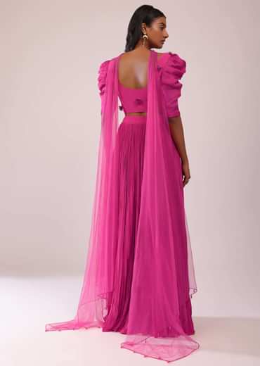 Rani Pink Lehenga And Blouse With Bishop Sleeves And hand Embroidered Brooch