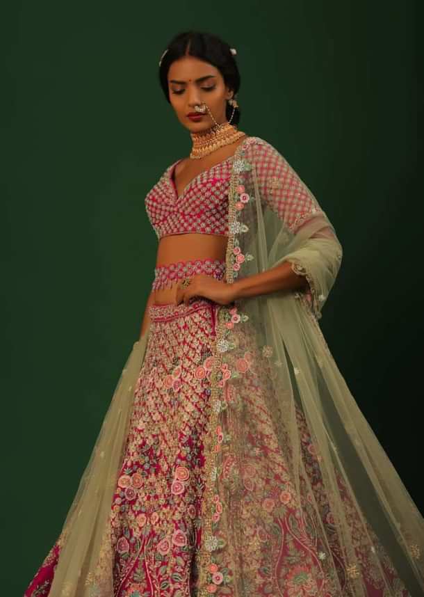Rani Pink Lehenga Choli In Raw Silk With Heavy Embroidered Kalis Using Colorful Resham And Cut Dana In Floral Motifs Online - Kalki Fashion
