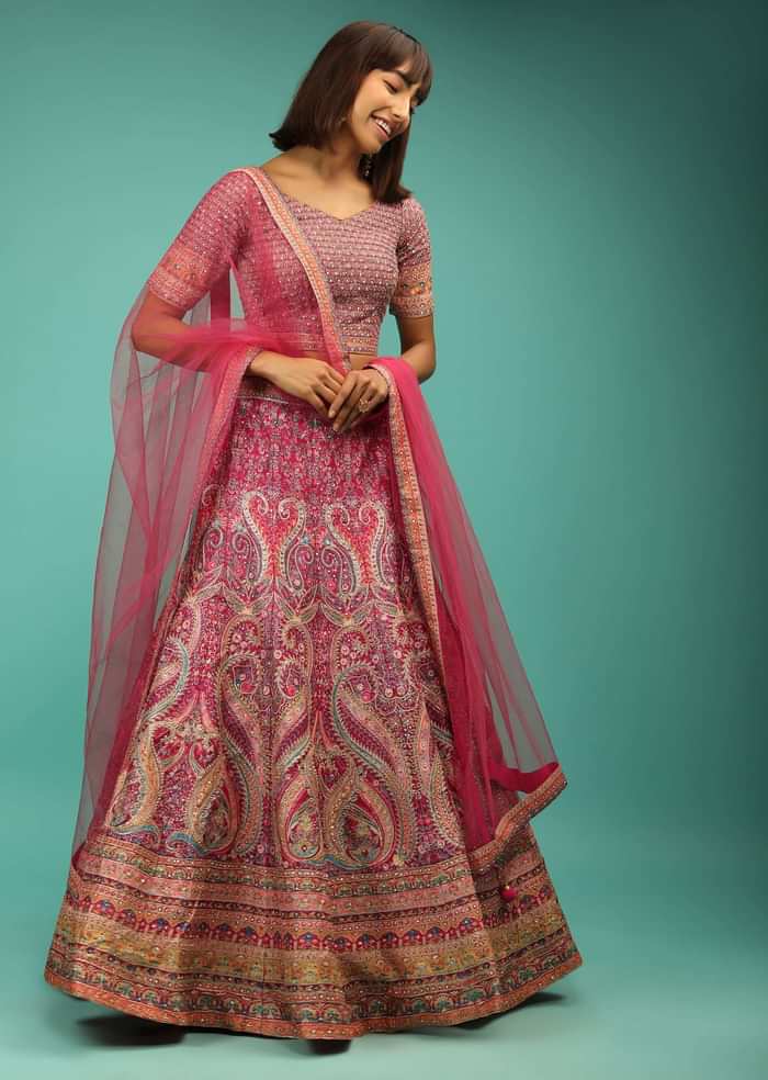 Rani Pink Lehenga Choli With Ethnic Floral Print And Zari Accents