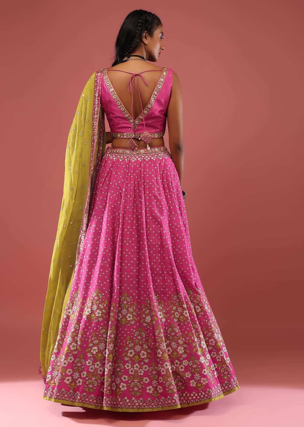 Rani Pink Lehenga Choli With Floral Print And Small Sequin-Stone Work