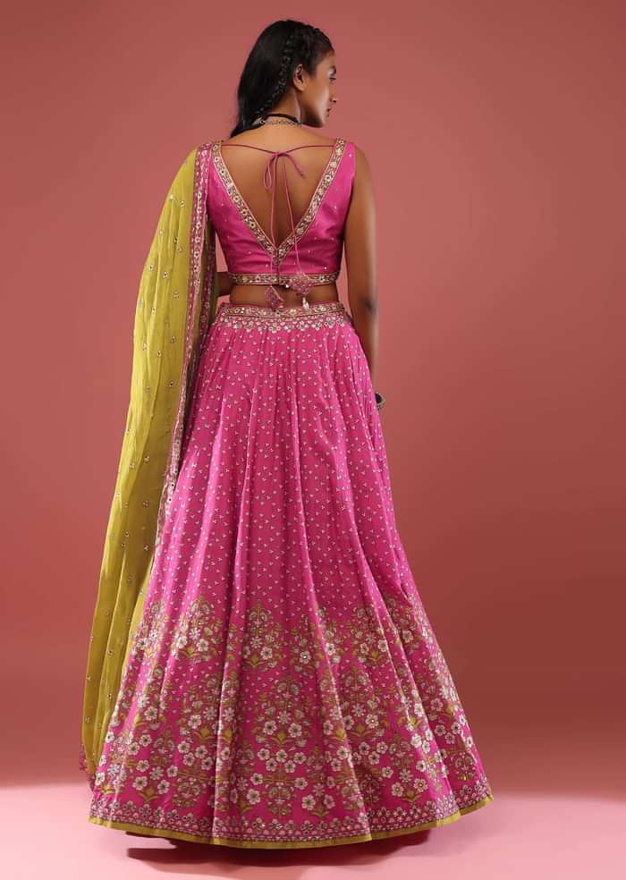 Rani Pink Lehenga Choli With Floral Print And Small Sequin-Stone Work