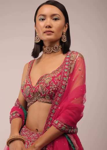 Rani Pink Lehenga In Golden Zari Work Embroidery Inspired By Mughal Architecture With Matching Net Dupatta In Embroidered Buttis