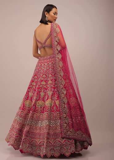 Rani Pink Lehenga In Golden Zari Work Embroidery Inspired By Mughal Architecture With Matching Net Dupatta In Embroidered Buttis