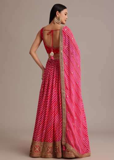 Rani Pink Leheriya Lehenga Set With Zardosi And Sequins Work