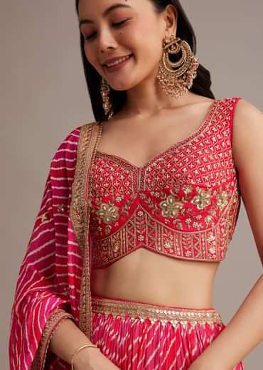 Rani Pink Leheriya Lehenga Set With Zardosi And Sequins Work