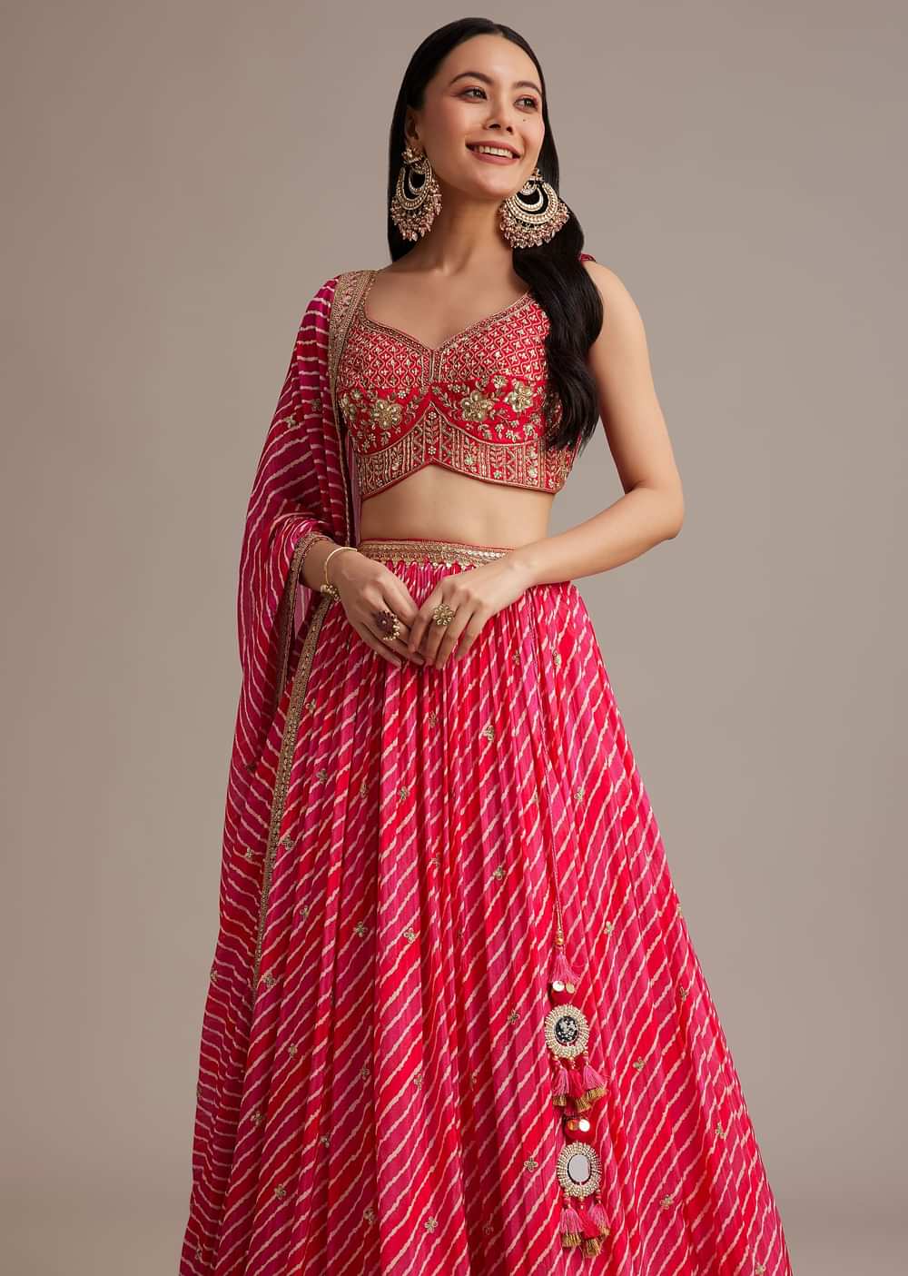 Rani Pink Leheriya Lehenga Set With Zardosi And Sequins Work