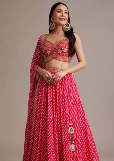 Rani Pink Leheriya Lehenga Set With Zardosi And Sequins Work