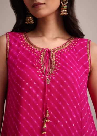 Rani Pink Leheriya Printed Kurta Dhoti Set
