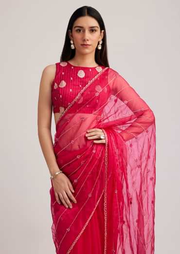 Rani Pink Organza Saree With Cutdana Embroidery