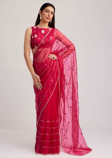 Rani Pink Organza Saree With Cutdana Embroidery