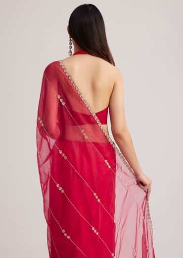 Rani Pink Organza Saree With Overall Cutdana Work