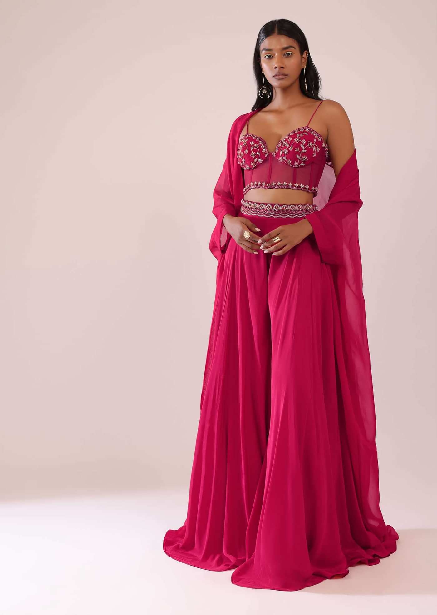 Rani Pink Organza Palazzo And Corset Blouse Set With Floral Embroidery