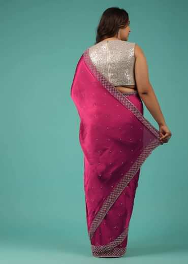 Rani Pink Saree In Chiffon With Cut Dana And Stones Embroidery