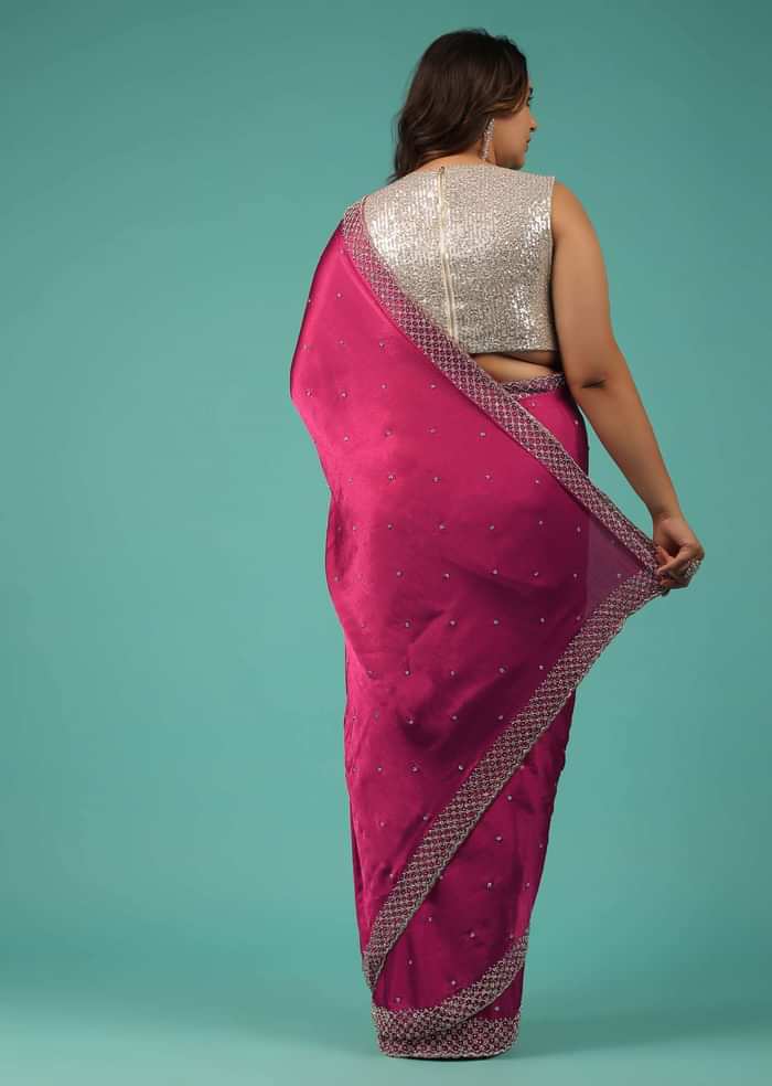 Rani Pink Saree In Chiffon With Cut Dana And Stones Embroidery