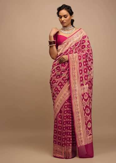 Rani Pink Saree In Georgette With Woven Geometric Jaal And Floral Border