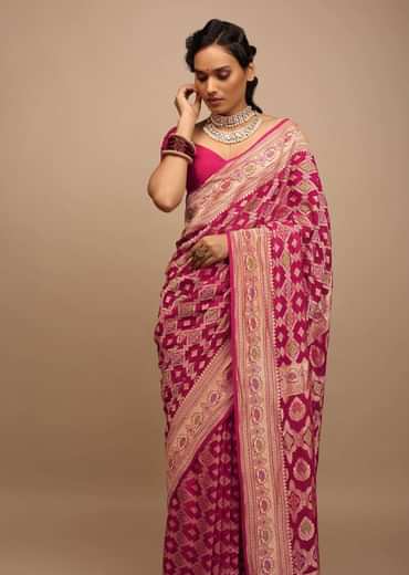Rani Pink Saree In Georgette With Woven Geometric Jaal And Floral Border