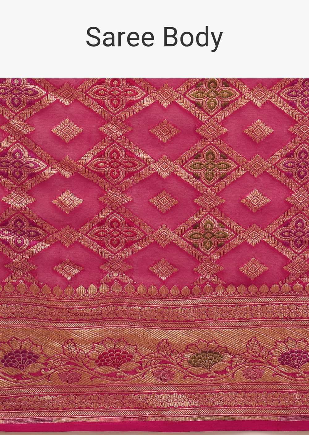 Rani Pink Saree In Georgette With Woven Geometric Jaal And Floral Border