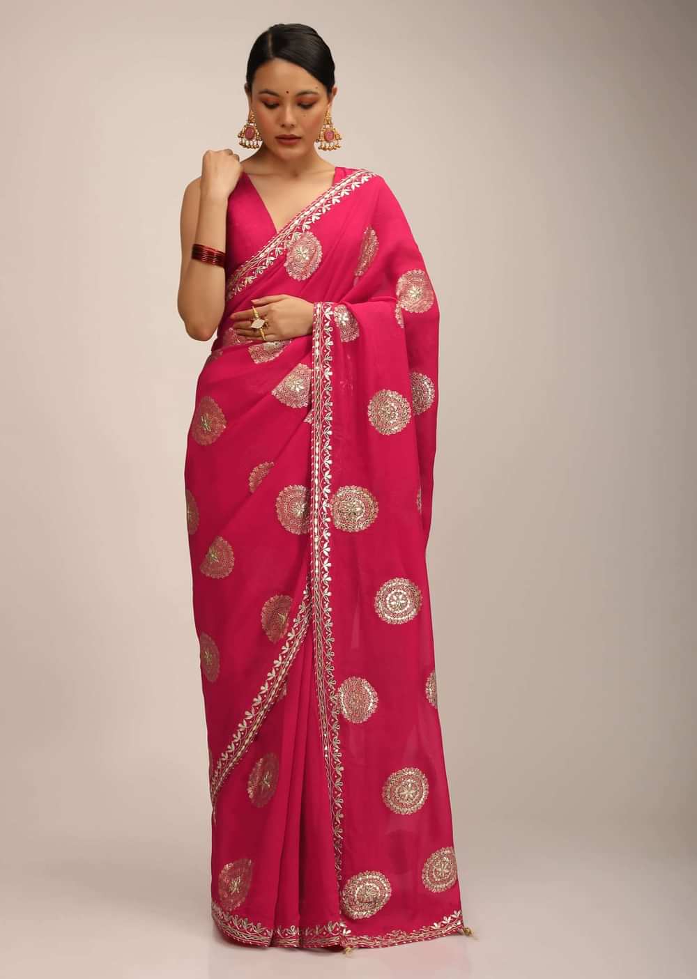 Rani Pink Saree In Organza With Woven Round Buttis And Gotta Embroidery