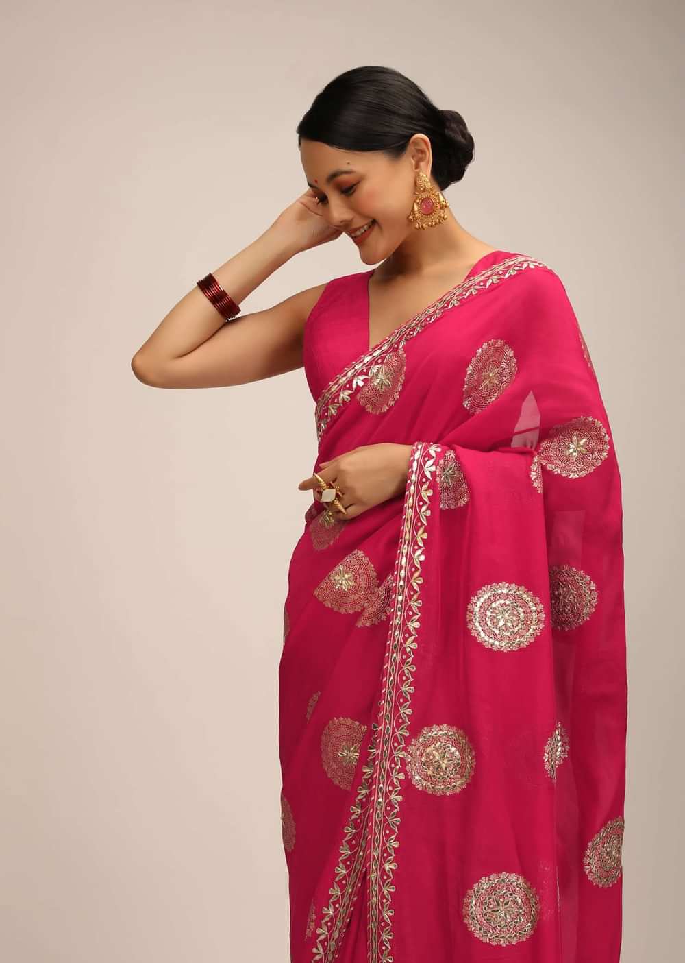 Rani Pink Saree In Organza With Woven Round Buttis And Gotta Embroidery