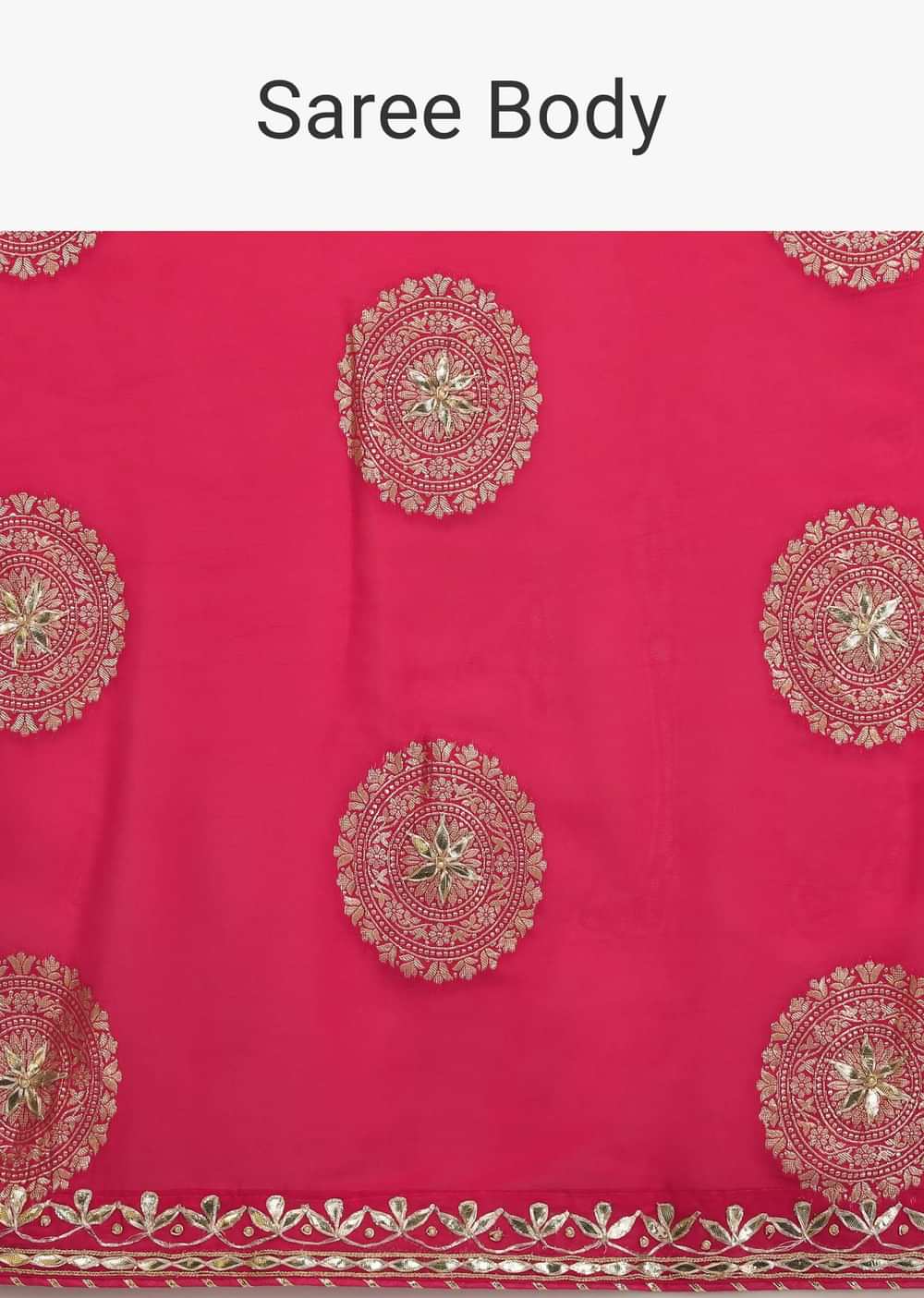 Rani Pink Saree In Organza With Woven Round Buttis And Gotta Embroidery