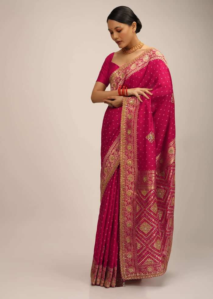 Rani Pink Saree In Silk With Brocade Geometric And Floral Design On The Pallu And Gotta Embroidery