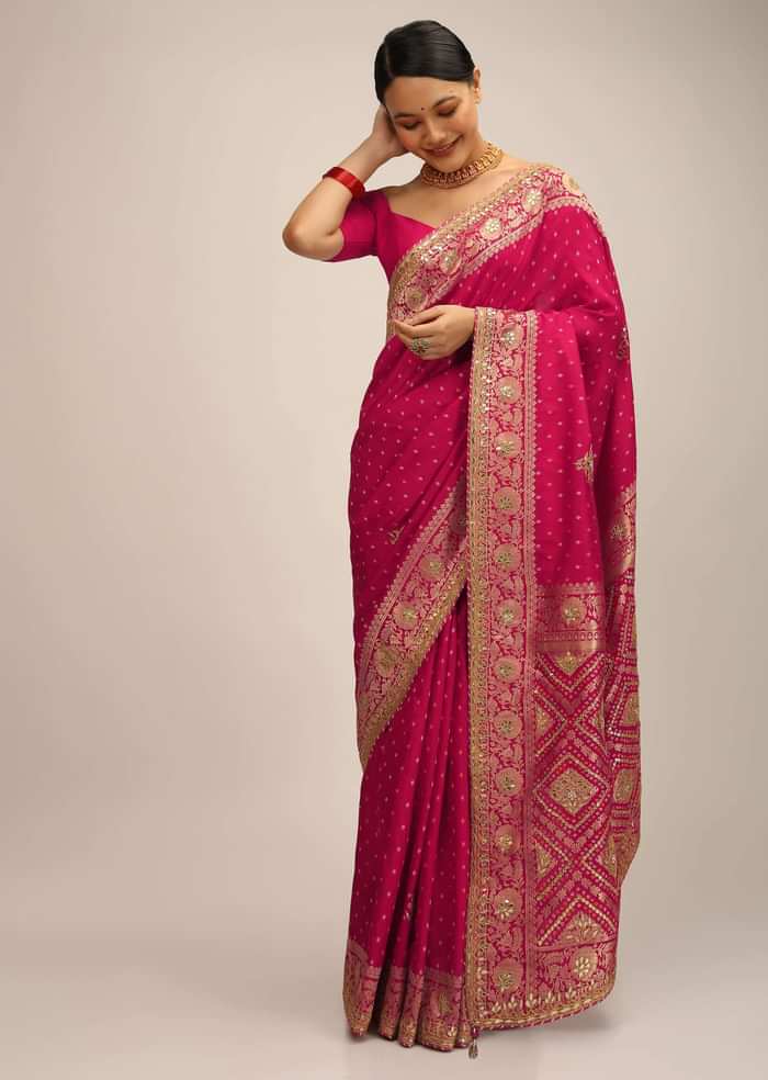 Rani Pink Saree In Silk With Brocade Geometric And Floral Design On The Pallu And Gotta Embroidery