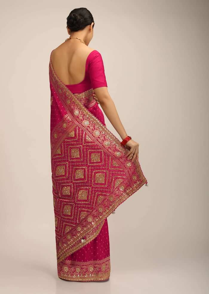 Rani Pink Saree In Silk With Brocade Geometric And Floral Design On The Pallu And Gotta Embroidery