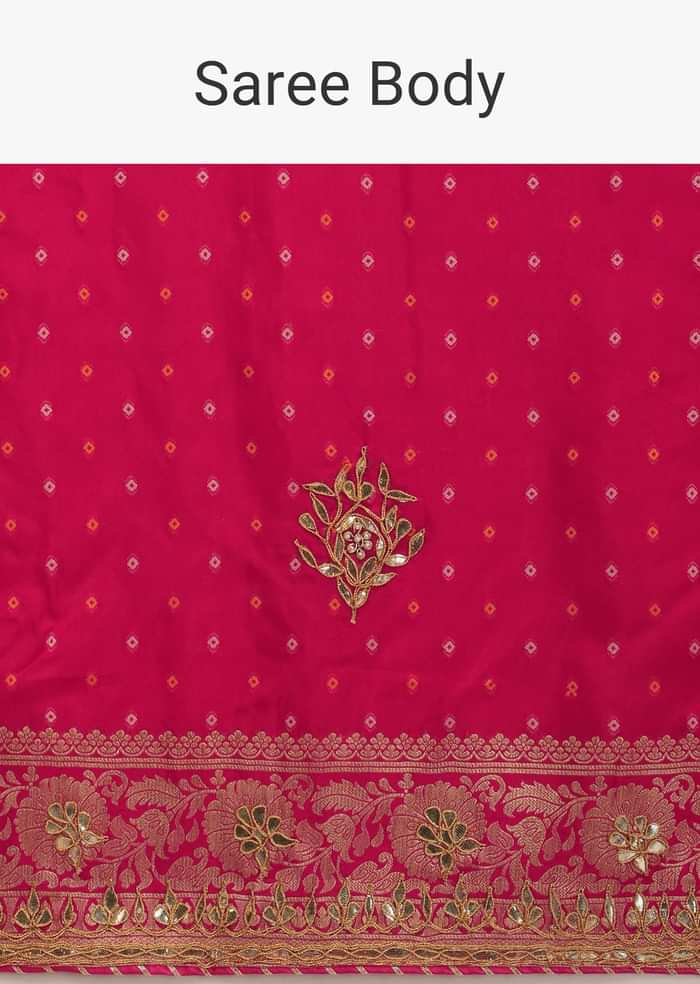 Rani Pink Saree In Silk With Brocade Geometric And Floral Design On The Pallu And Gotta Embroidery